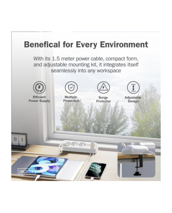 digitus Listwa zasilająca biurkowa, 3 gniazda Schuko, 2x USB-A (2x 12W), 1x USB-C (30W) z zaciskiem na blat, kabel 1,5m, biała