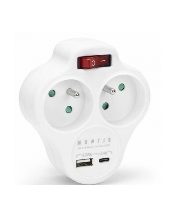 Rozgałęźnik sieciowy podwójny z wyłącznikiem + USB-A + USB-C MONTIS MT144-WH biały