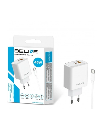 Ładowarka sieciowa Beline 45W 1xUSB-C + 1xUSB GaN PD 3.0 QC 3.0 + kabel USB-C/USB-C - biała