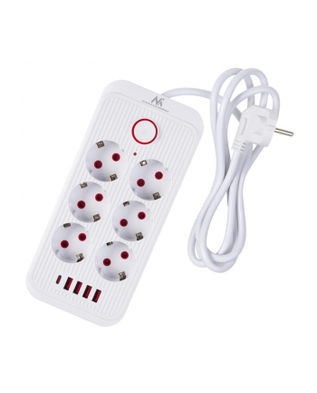 Listwa zasilająca Maclean MCE389 W, przedłużacz 6 gniazd + 4xUSB + USB-C, 110-240V AC 50/60Hz, 2.1A max 2500W, 1,5 m, biała