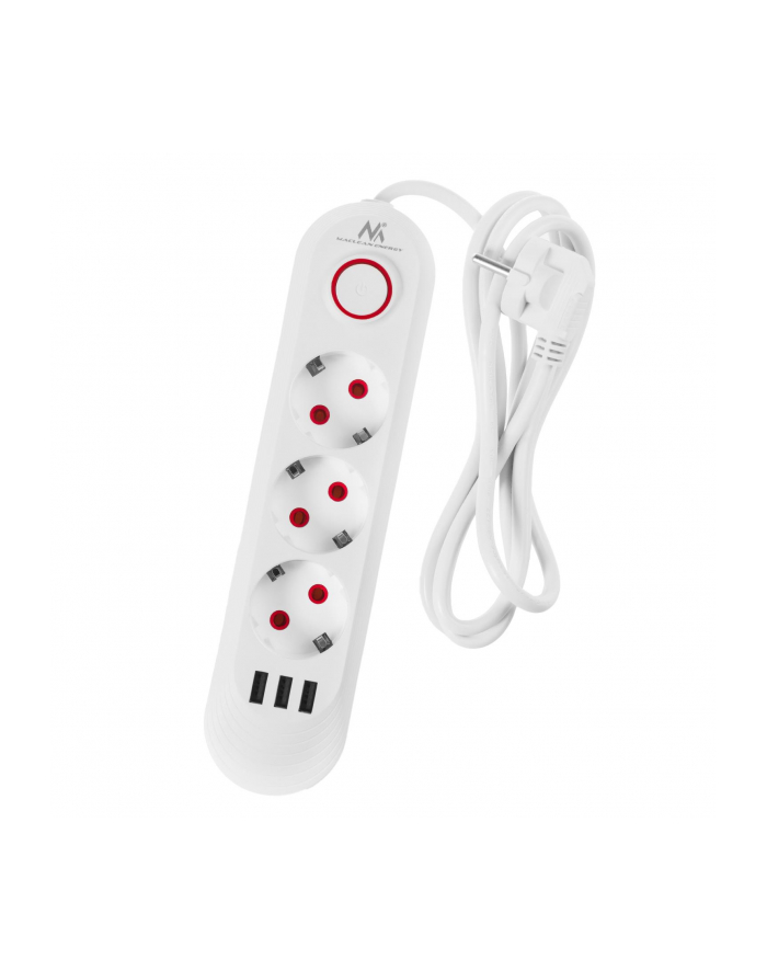 Listwa zasilająca Maclean MCE394 W, przedłużacz 3gniazda + 3xUSB, 110-240V AC 50/60Hz, 2.1A max 2500W, 1,5m, biała główny