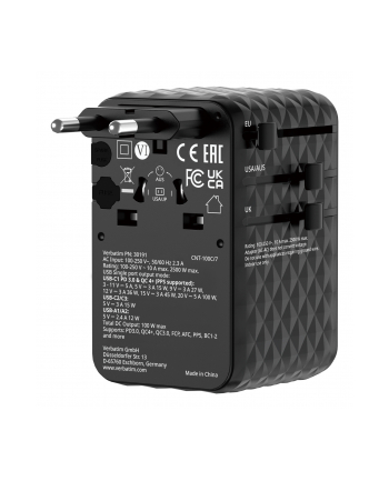 Adapter podróżny Verbatim Charge 'n' Travel GaN III globalny 1xUSB-C PD 3.0 QC 4+ 100W, 2xUSB-C 15W, 1xUSB-A 12W czarny