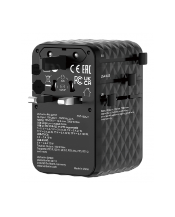 Adapter podróżny Verbatim Charge 'n' Travel GaN III globalny 1xUSB-C PD 3.0 QC 4+ 100W, 2xUSB-C 15W, 1xUSB-A 12W czarny