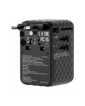 Adapter podróżny Verbatim Charge 'n' Travel GaN III globalny 1xUSB-C PD 3.0 QC 4+ 100W, 2xUSB-C 15W, 1xUSB-A 12W czarny
