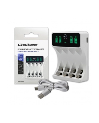 Ładowarka Qoltec do akumulatorków Ni-MH typu R03 AAA R6 AA | LCD | Kabel USB-C | Biała