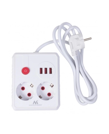 Listwa zasilająca Maclean MCE387 W, przedłużacz 2 gniazda + 3xUSB, 110-240V AC 50/60Hz, 2.1A max 2500W, 1.5m, biała