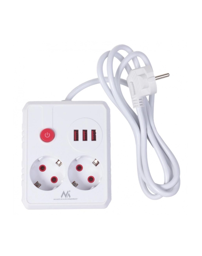 Listwa zasilająca Maclean MCE387 W, przedłużacz 2 gniazda + 3xUSB, 110-240V AC 50/60Hz, 2.1A max 2500W, 1.5m, biała główny