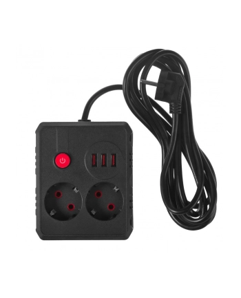 Listwa zasilająca Maclean MCE388 B, przedłużacz 2 gniazda + 3xUSB, 110-240V AC 50/60Hz, 2.1A max 2500W, 3 m, czarna