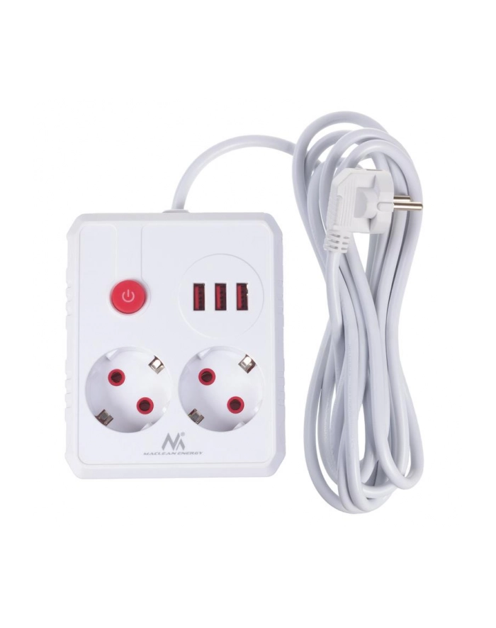 Listwa zasilająca Maclean MCE388 W, przedłużacz 2 gniazda + 3xUSB, 110-240V AC 50/60Hz, 2.1A max 2500W, 3 m, biała główny