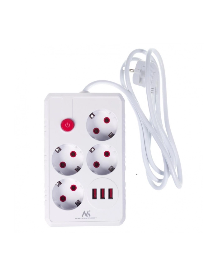 Listwa zasilająca Maclean MCE392 W, przedłużacz 4 gniazda + 3xUSB, 110-240V AC 50/60Hz, 2.1A max 2500W, 1,5m, biała główny
