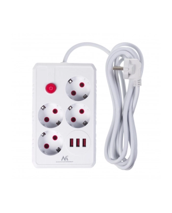 Listwa zasilająca Maclean MCE393 W, przedłużacz 4 gniazda + 3xUSB, 110-240V AC 50/60Hz, 2.1A max 2500W, 3m, biała