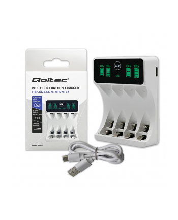 Ładowarka Qoltec do akumulatorków Ni-MH typu R03 AAA R6 AA | LCD | Kabel USB-C | Biała