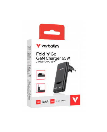 Ładowarka sieciowa Verbatim GaN Fold 'n' Go 65W 2xUSB-C PD 3.0 czarna