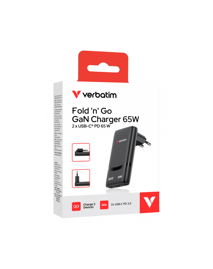 Ładowarka sieciowa Verbatim GaN Fold 'n' Go 65W 2xUSB-C PD 3.0 czarna główny