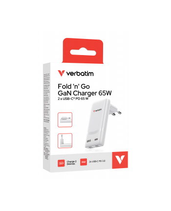 Ładowarka sieciowa Verbatim GaN Fold 'n' Go 65W 2xUSB-C PD 3.0 biała