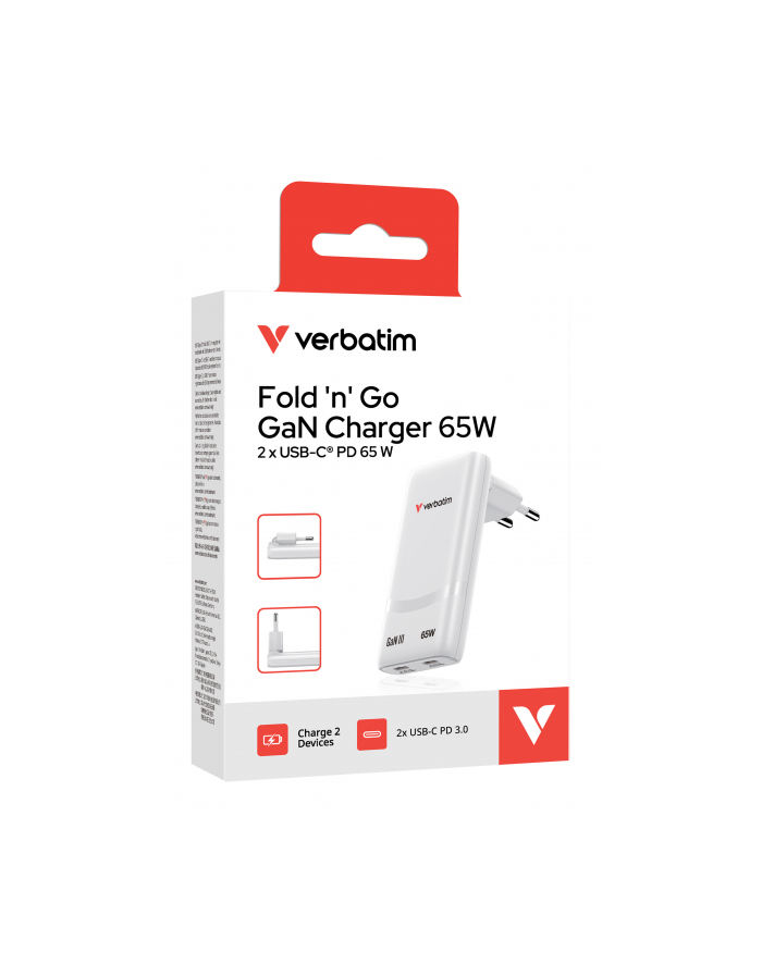 Ładowarka sieciowa Verbatim GaN Fold 'n' Go 65W 2xUSB-C PD 3.0 biała główny