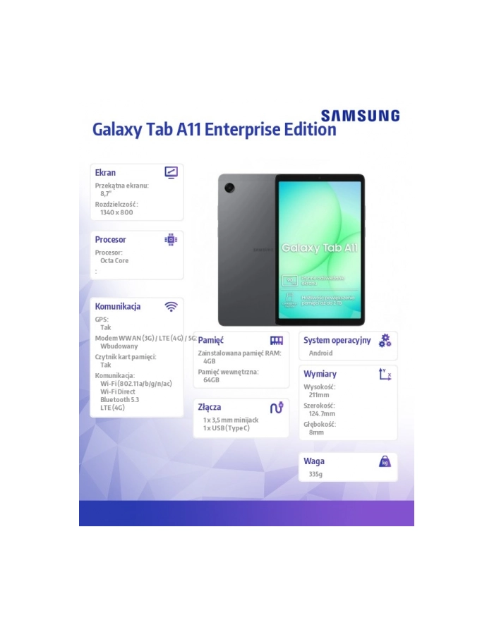 samsung Tablet Galaxy Tab A11 X135 4G 8.7 cala 4/64 GB Szary Enterprise Edition główny
