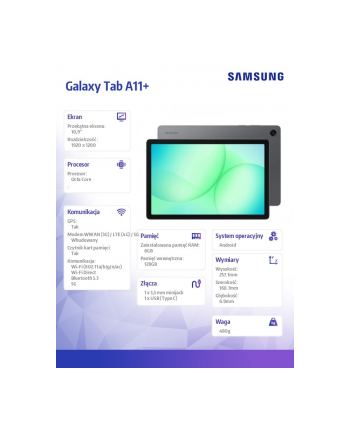 samsung Tablet Galaxy Tab A11+ X236 10.9 cala  5G 6/128GB Szary Enterprise Edition