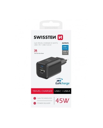 Swissten Network Adapter Gan 1X Usb C 45W Pd A 18W Qc Black