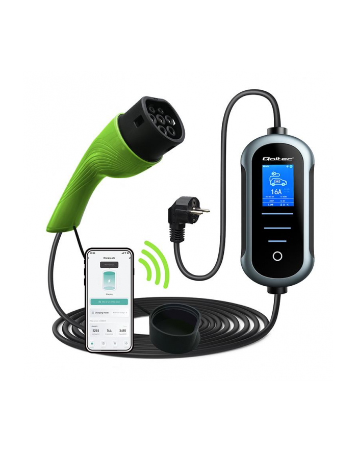 qoltec Mobilna ładowarka do samochodu elektrycznego EV z regulacją 2w1  Typ2 | 3.5kW | 230V | Wi-Fi | TUYA | SMART LIFE | LCD | 5m główny