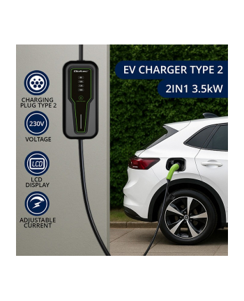qoltec Mobilna ładowarka do samochodu elektrycznego EV z regulacją 2w1  Typ2 | 3.5kW | 230V | LCD | Przenośna |4m
