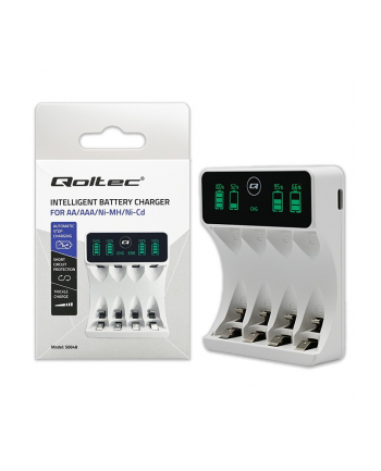 qoltec Ładowarka do akumulatorków Ni-MH typu R03 AAA R6 AA | LCD | kabelUSB-C | Biała