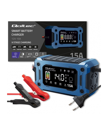 qoltec Mikroprocesorowa ładowarka 12V 15A | Prostownik z funkcją naprawy i podtrzymania zasilania podczas wymiany akumulatora | do AGM GEL LiFePO4 |   LCD