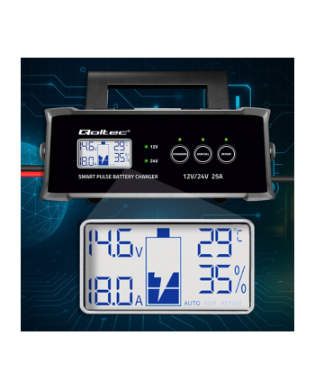 qoltec Mikroprocesorowa ładowarka 12V 24V 25A | Prostownik z funkcją naprawy do akumulatora AGM GEL SLA | LCD nr 1