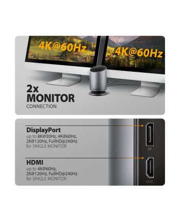 axagon HMC-WL9 Wieloportowy hub USB 9in1, 10Gbps, 3xUSB-A, 1xUSB-C, DP 8K/60Hz, HDMI 4K/60Hz, PD 100W, GLAN, 100cm USB-C kabel, wireless charging 15W nr 2