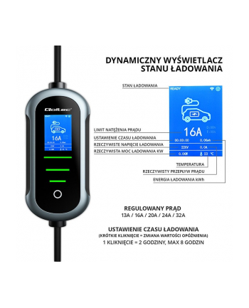 qoltec Mobilna ładowarka do samochodu elektrycznego EV z regulacją 2w1  Typ2 | 22kW | 400V | Wi-Fi | TUYA | SMART LIFE | LCD | Wallbox | 7m