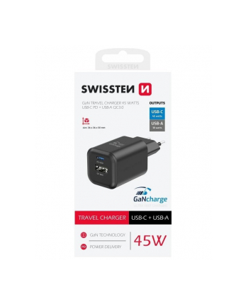 Swissten Network Adapter Gan 1X Usb C 45W Pd A 18W Qc Black