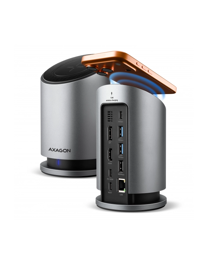 axagon HMC-WL9 Wieloportowy hub USB 9in1, 10Gbps, 3xUSB-A, 1xUSB-C, DP 8K/60Hz, HDMI 4K/60Hz, PD 100W, GLAN, 100cm USB-C kabel, wireless charging 15W główny