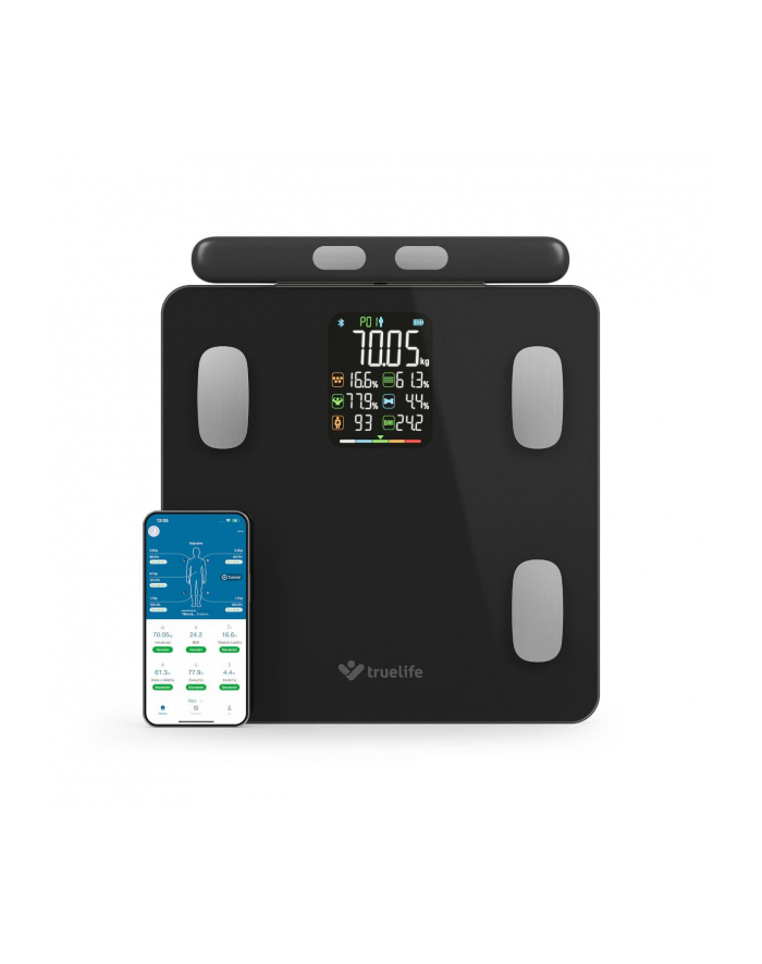 Waga diagnostyczna bluetooth TrueLife FitScale W8 BT czarna kolorowy LCD 0,1 ~ 180 kg iOS, System Android główny