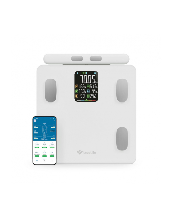 Waga diagnostyczna bluetooth TrueLife FitScale W8 BT biała kolorowy LCD 0,1 ~ 180 kg iOS, System Android główny