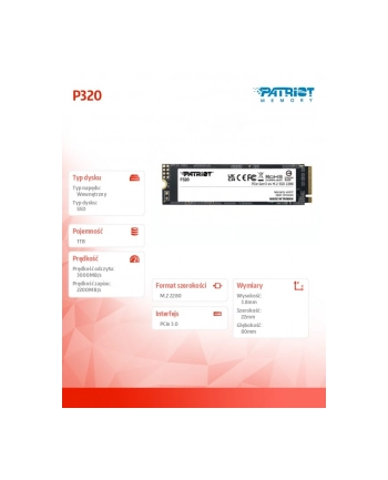patriot Dysk SSD 1TB P320 PCIe M.2 Gen3 x4 NVMe 3000/2200MB/s