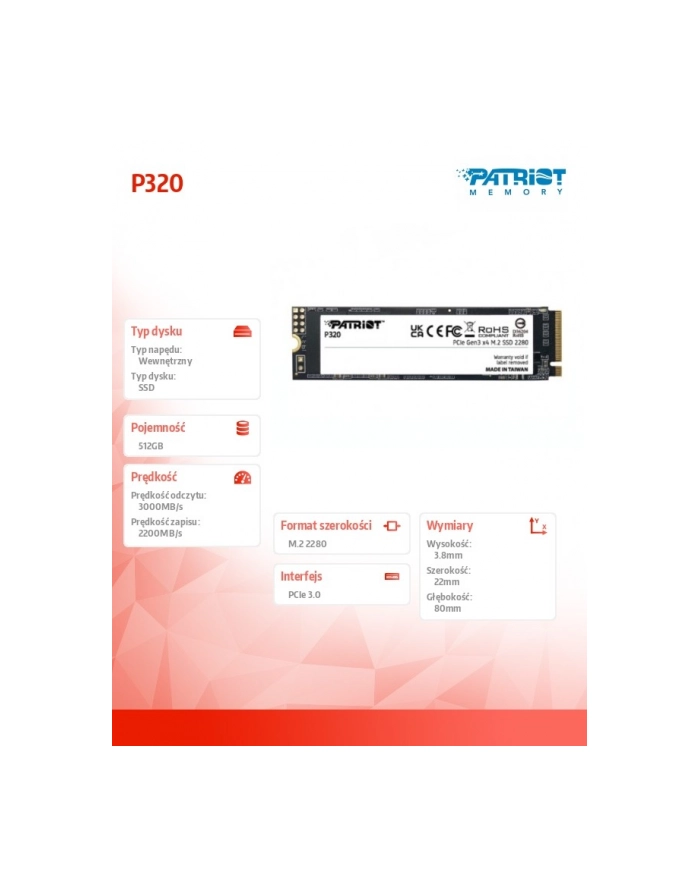patriot Dysk SSD 512GB P320 PCIe M.2 Gen3 x4 NVMe 3000/2200MB/s główny