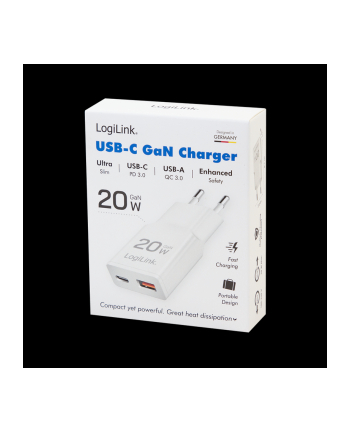 Ładowarka sieciowa LogiLink PA0346 USB GaN, 20 W, 1x USB-C (PD), 1x USB-A (QC), biała