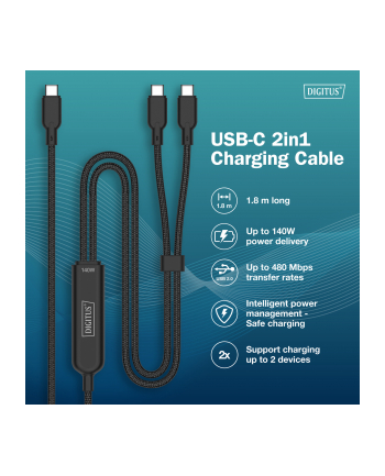 digitus Kabel zasilający 2w1 USB-C - 2x USB-C, USB 2.0 140W PD 3.1, nylonowy, 1,8m czarny nr 1