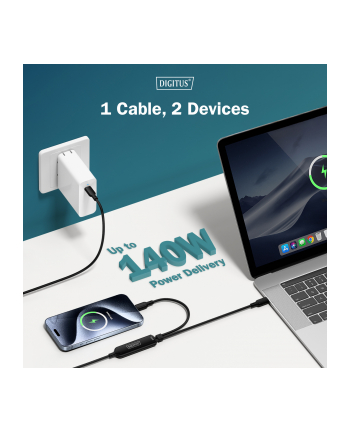 digitus Kabel zasilający 2w1 USB-C - 2x USB-C, USB 2.0 140W PD 3.1, nylonowy, 1,8m czarny nr 2