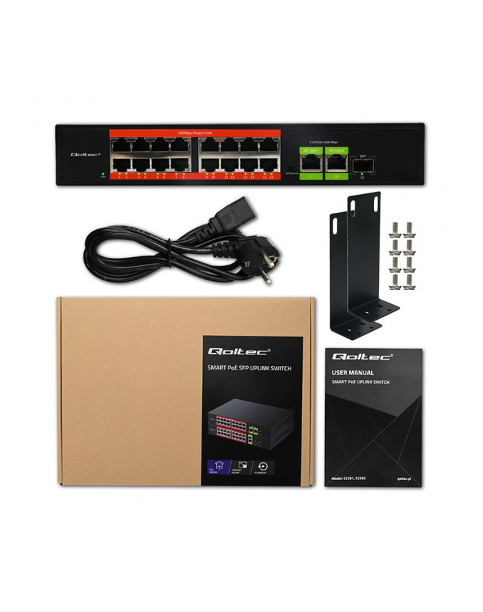 qoltec Przełącznik sieciowy SWITCH FAST Ethernet PoE | 16x RJ45 10/100  Mb/s | 2x RJ45 Uplink 1000 Mb/s | 1x SFP 1000Mb/s główny