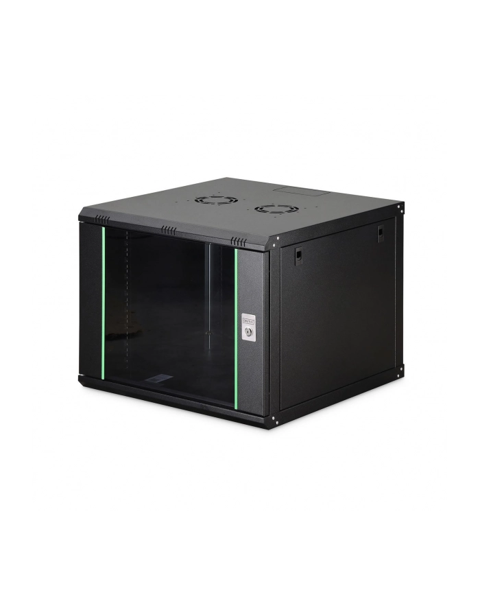 Szafa sieciowa wisząca jednosekcyjna DIGITUS Dynamic 19'' 9U, 600x600, drzwi szyba, czarny, niezmontowana, 60kg główny