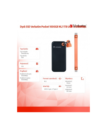 Dysk SSD Verbatim Pocket 1000GB M.2 1TB USB-C 1000Mb/s nr 1