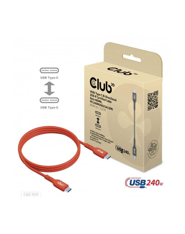 Club 3D Kabel Usb Club3D 2 Typ C Pd 240W / 480Mb 4M St/St Retail główny