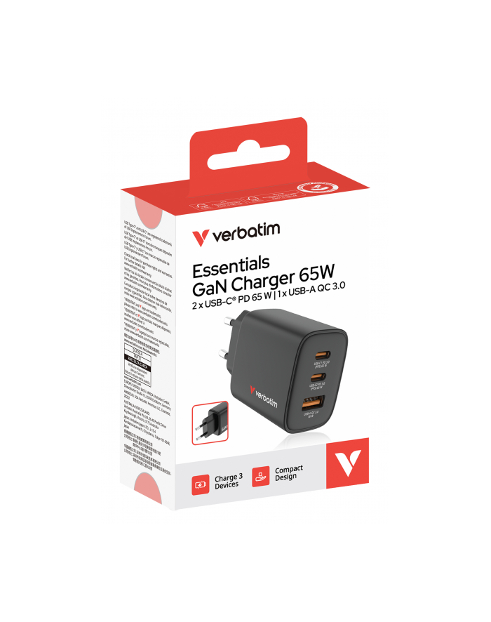 Verbatim Essentials GaN Charger 65W 2xUSB-C/1xUSB-A schwa. 32352 główny
