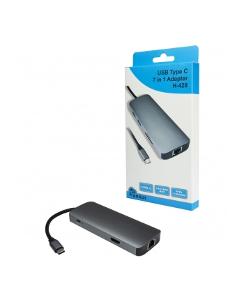 Inter-Tech Argus H-428 7in1 adapter dark silver, USB-A, USB-C, HDMI, RJ-45