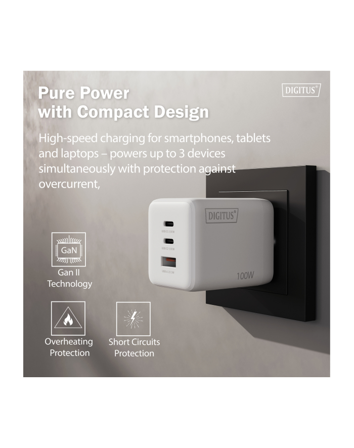 digitus Ładowarka sieciowa/zasilacz USB GaN 100W, 2x USB-C, 1x USB-A, biała główny