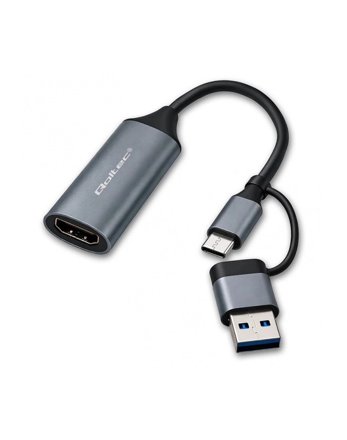 qoltec Adapter USB-C USB-A | HDMI | 4K 30Hz | aluminium główny