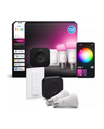 Philips Hue Bridge Pro + 2 x E27 + regulator przyciemniania Zestaw startowy: 2 inteligentne żarówki E27 + regulator przyciemniania + Bridge Pro