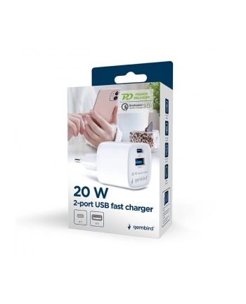 gembird Szybka ładowarka USB z 2 portami i gniazdem AC, 20W, biała