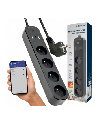 gembird Inteligentna listwa zasilająca Tuya 4xFR 2xUSB-A 1xUSB-C Czarna